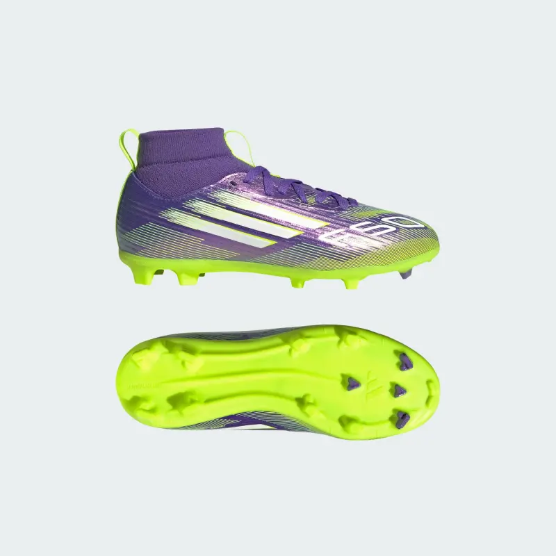 Adidas F50 League Mid-Cut FG/MG Purple Rush Cloud White Lucid Lemon (GS)-JI3547 Adidas F50 League Mid-Cut FG/MG Purple Rush Cloud White Lucid Lemon (GS) - Image 1